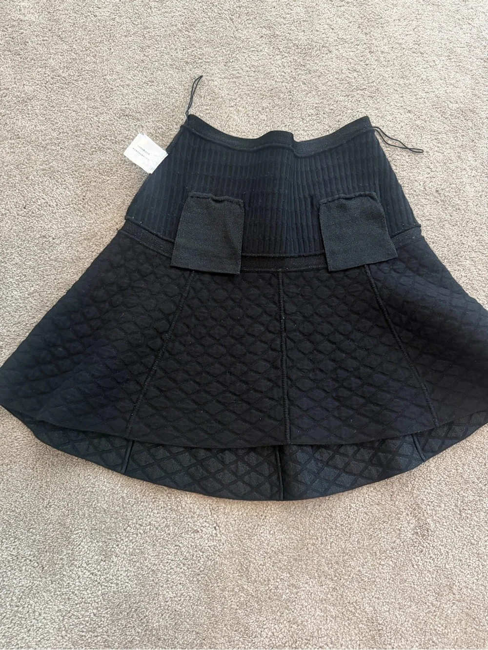 CHANEL Black Quilted Drop Waist Knit Skirt Silver CC Globe Buttons Fits US 8 10